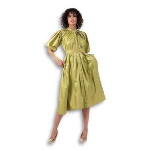 Wolf & Badger Bluzat Olive Green Crepe Midi Dress w/ Raglan Puff Sleeves NWT